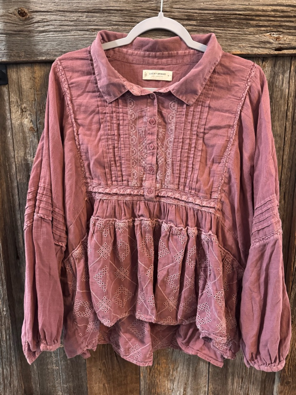 Lucky Brand Dusty Rose Boho Embroidered Peplum Top XL Oversized Eyelet Blouse - Picture 5 of 8